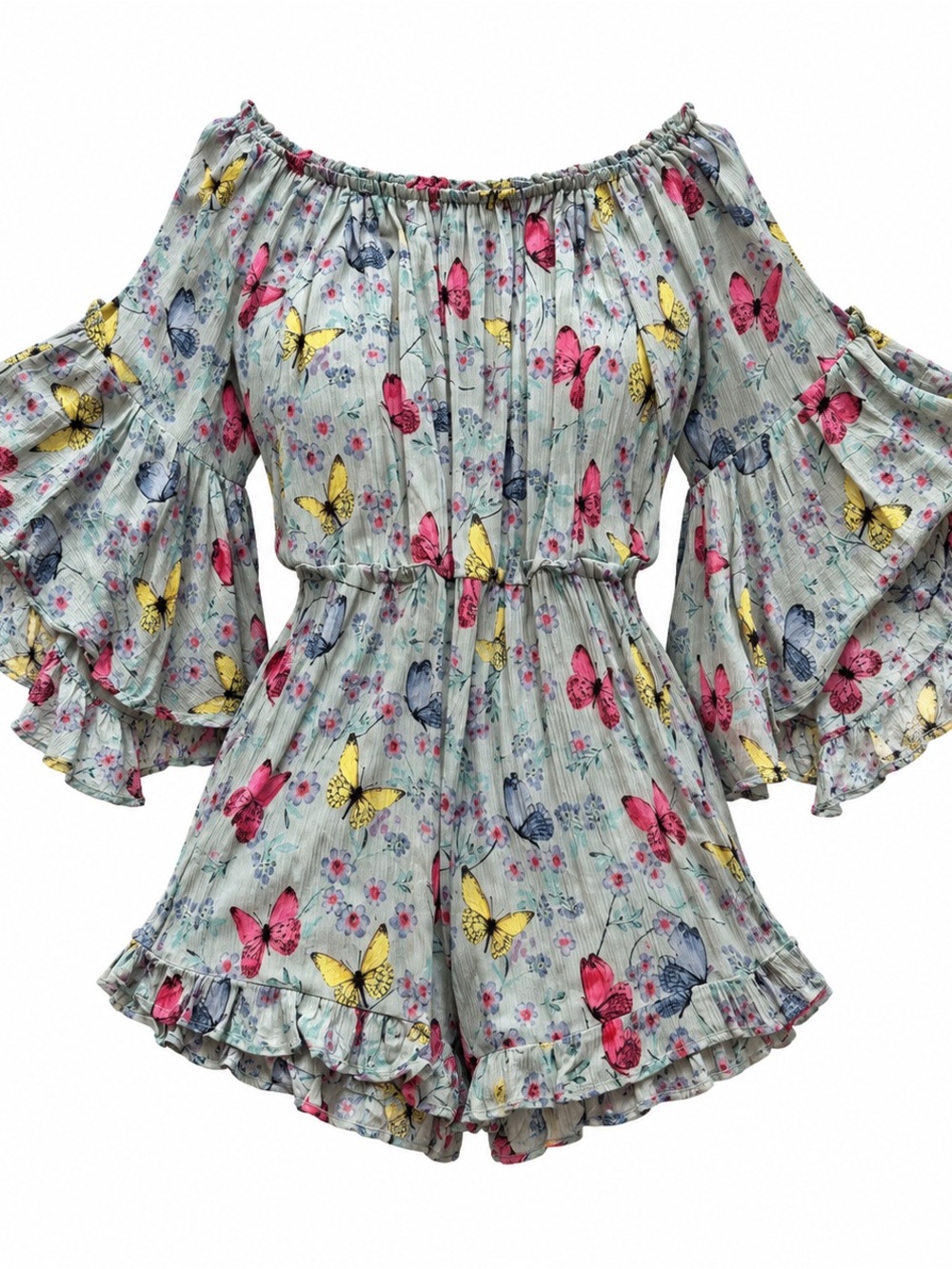 Deja Vu Butterfly Floral Off Shoulder Bell Sleeve Romper Women's Small Boho